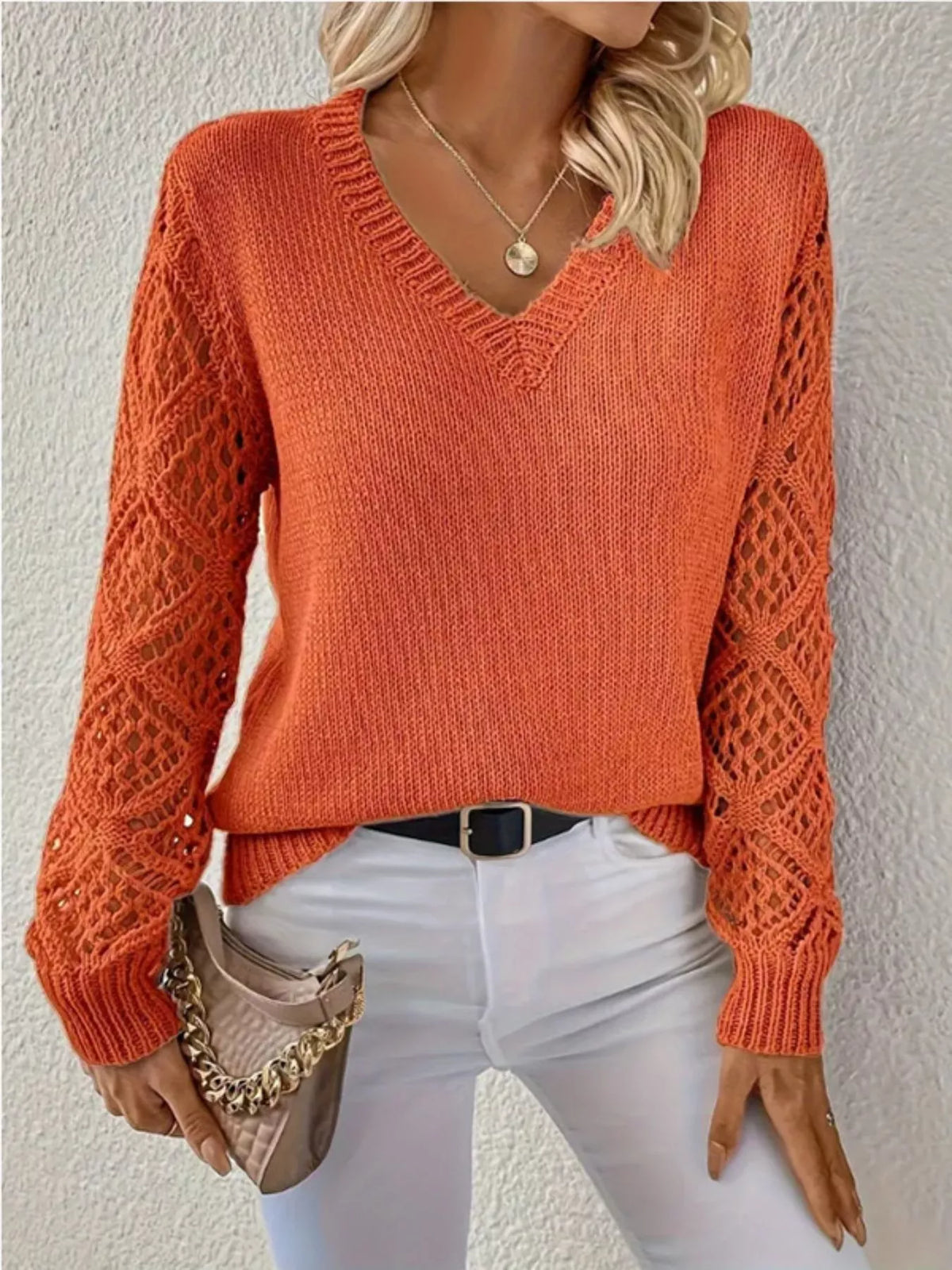 V-Neck Crochet Sleeve Sweater